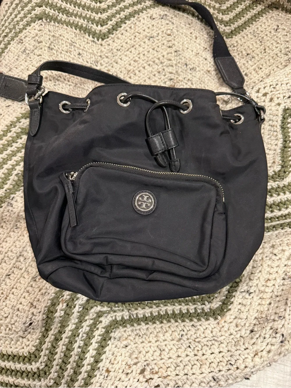 Tory Burch Black Nylon Drawstring Shoulder Bag